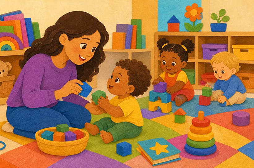 Parent sitting with a toddler in a warm early childhood playroom for Early Intervention parent resources in NYC.