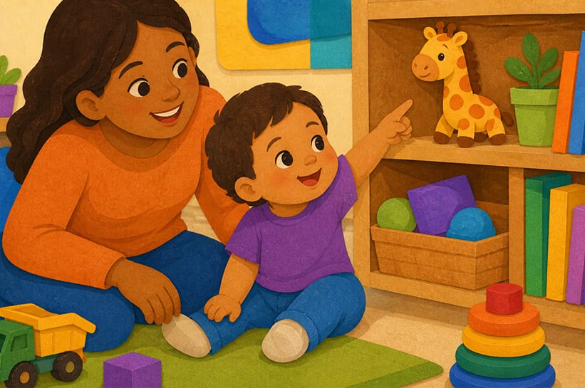 Toddler pointing at a toy while an adult follows their gaze, showing early speech and language development in NYC.